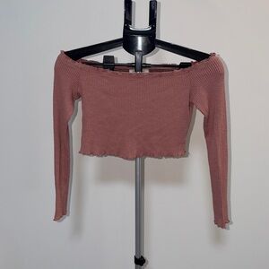 BARDOT NECKLINE PINK RUFFLE TRIM LONG SLEEVE CROP TOP